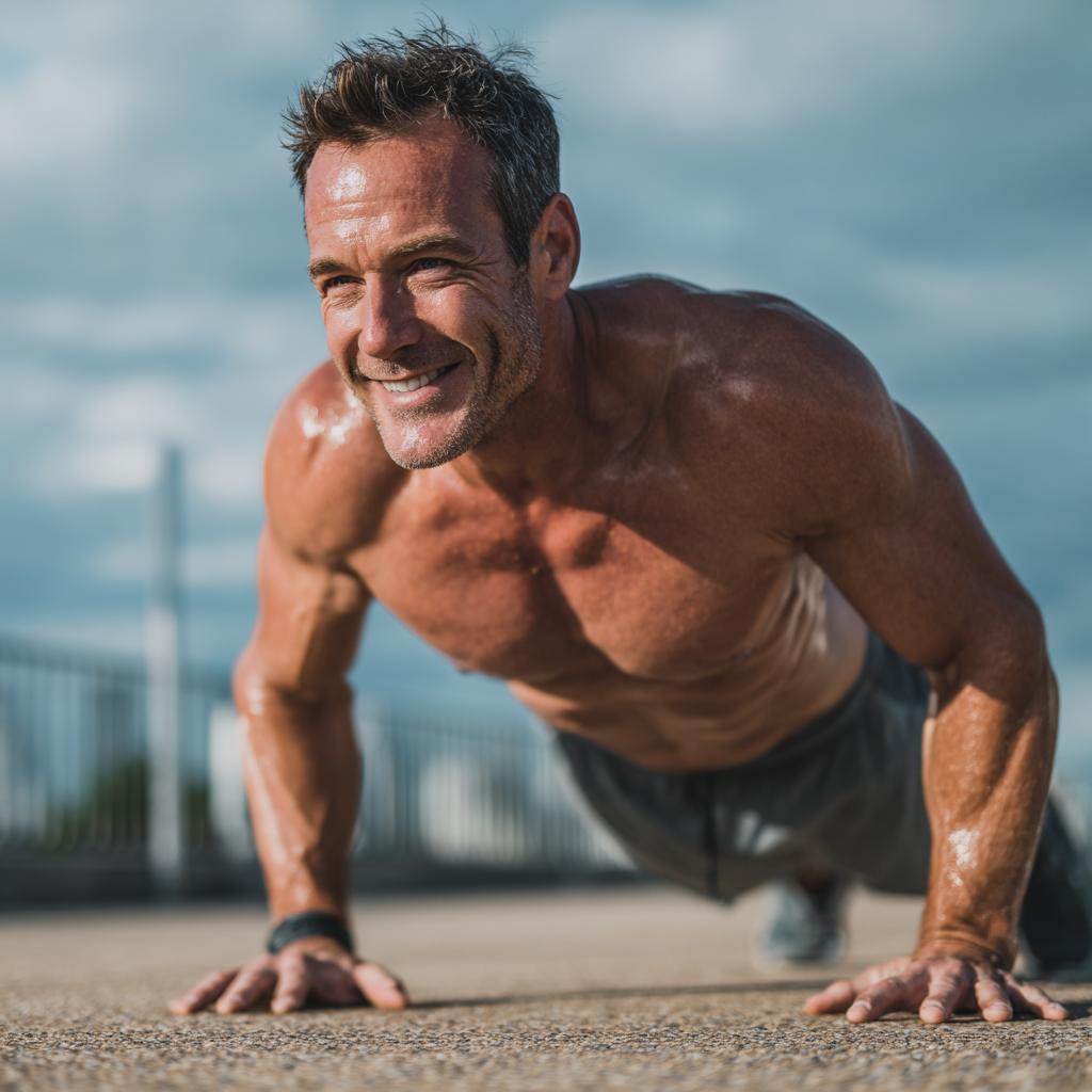 Щаслива пара середнього віку європейської зовнішності активно займається спортом на свіжому повітрі, демонструючи здоровий спосіб життя