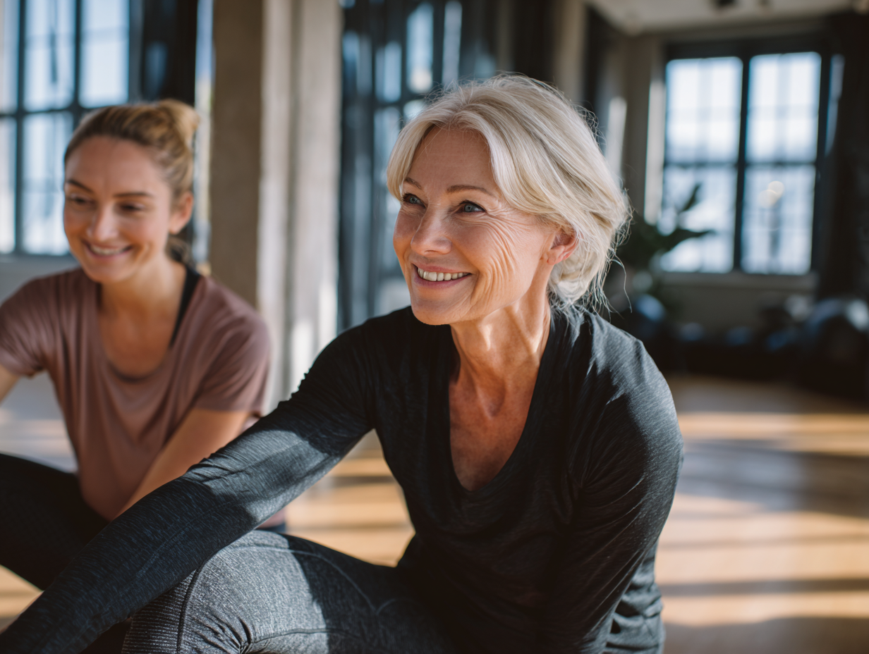 Усміхнена жінка середнього віку європейської зовнішності демонструє задоволення від результатів занять